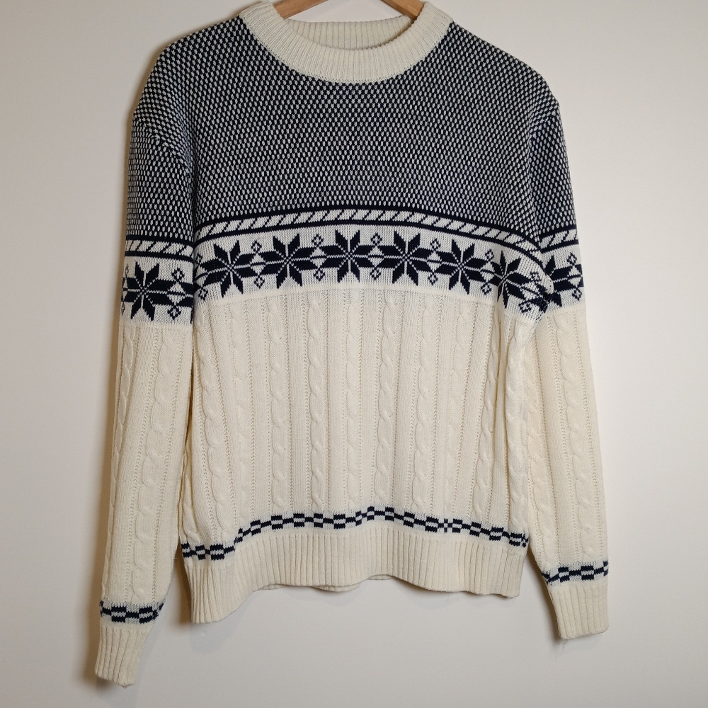 JC Penney Vintage 80s Grandpa Sweater Off White Fair Isle Size Large